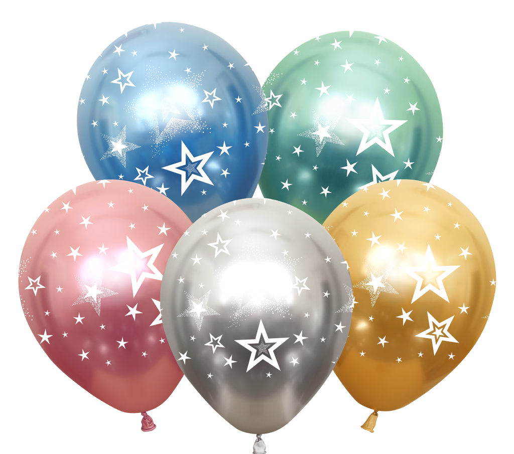 12" Mirror Stars All Around Assorted Latex Balloons (25 Per Bag) 5 Side Print