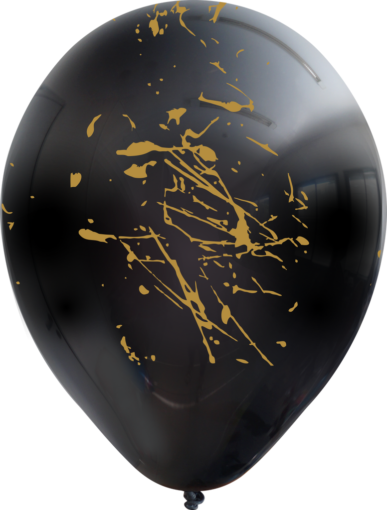 12" Splashes All Around Black Balloons Gold Print Latex Balloons (25 Per Bag) 5 Side Print