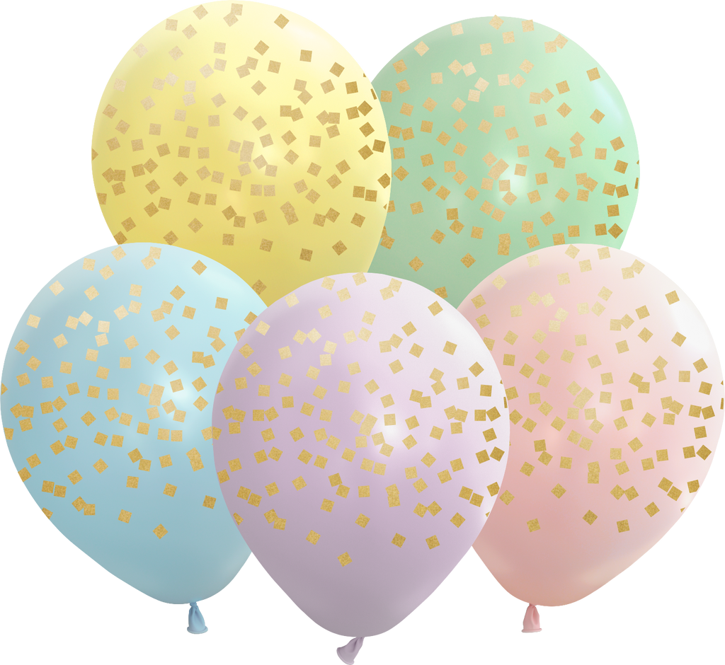 12" Macaron Squares All Around Assorted Gold Print Latex Balloons (25 Per Bag) 5 Side Print