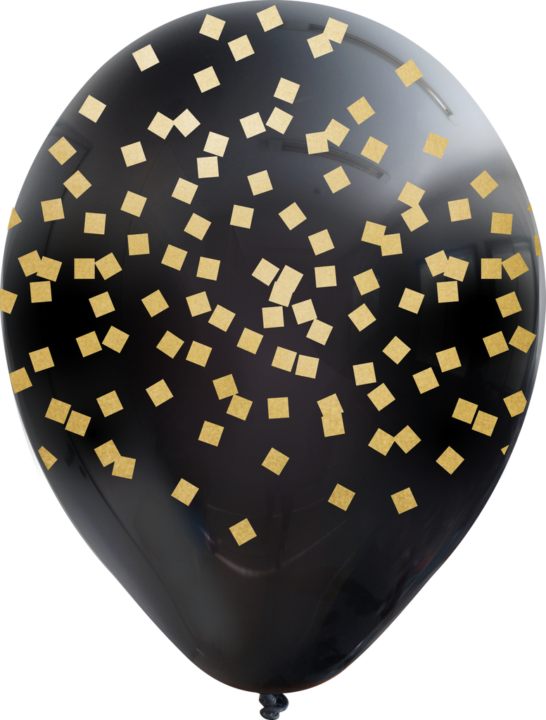 12" Black Squares All Around Assorted Gold Print Latex Balloons (25 Per Bag) 5 Side Print