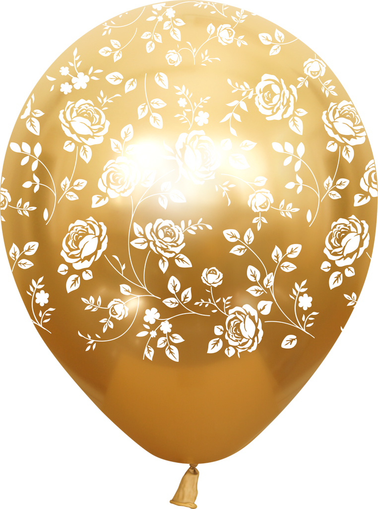 12" Mirror Gold Damask Flower All Around Latex Balloons (25 Per Bag) 5 Side Print