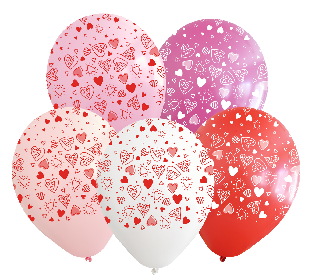 12" Assorted Hearts All Around Latex Balloons (25 Per Bag) 5 Side Print